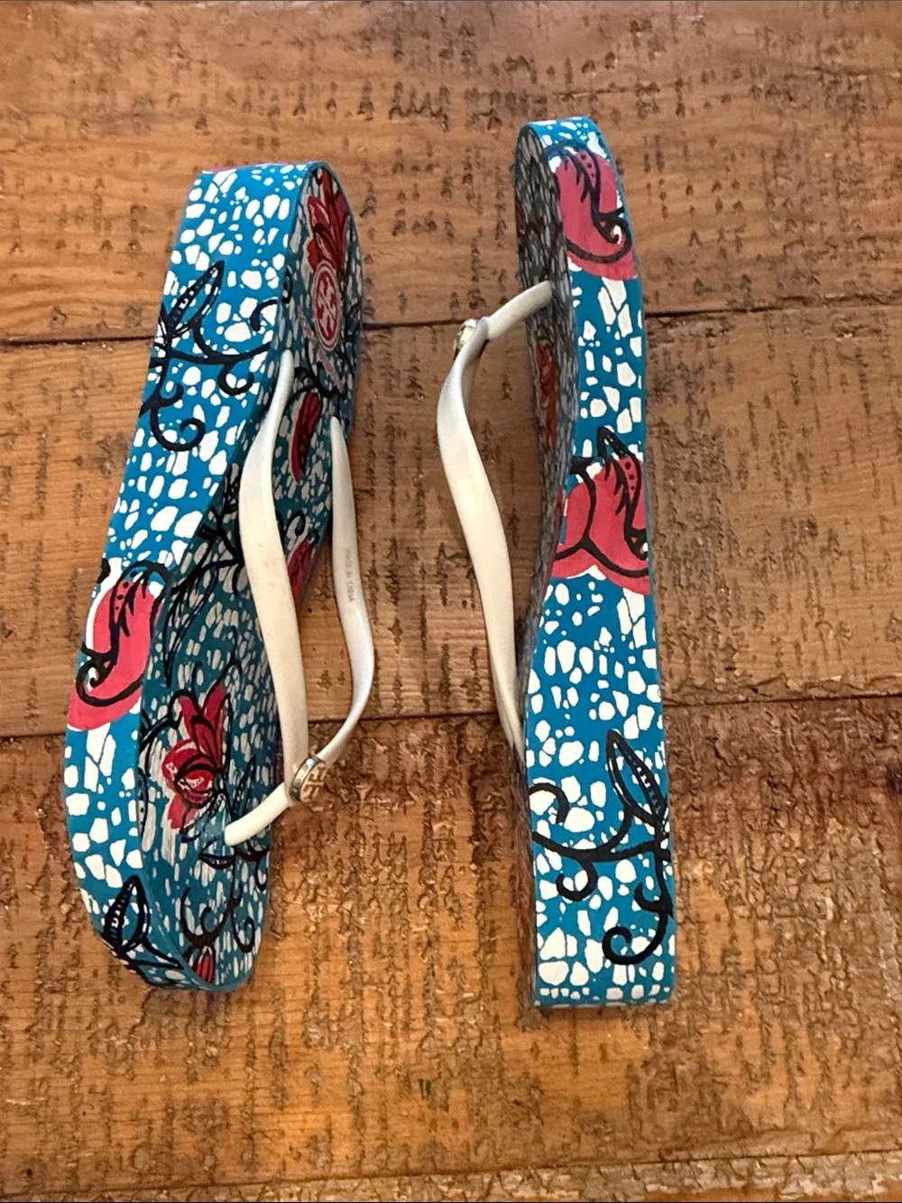 Tory Burch “Thandie” Blue & Pink Floral Platform Sandals with White Straps